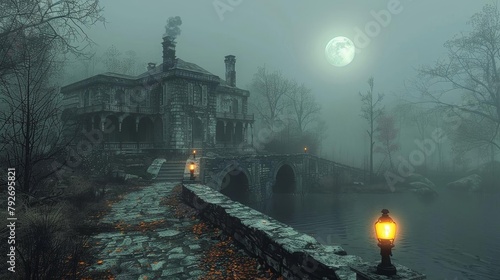 A dark and foggy night. A large haunted house sits on a hill overlooking a lake. The moon is full and there is a mist rising from the lake.