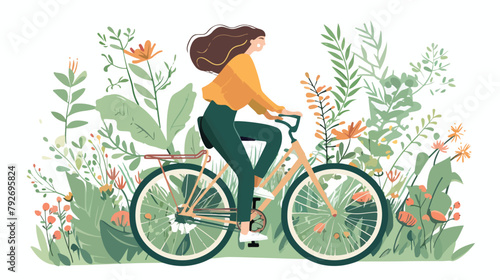 Woman riding a bicycle in park. Vector flat illustration