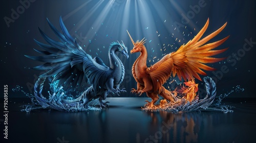 two dragons fighting on dark background with light rays.
