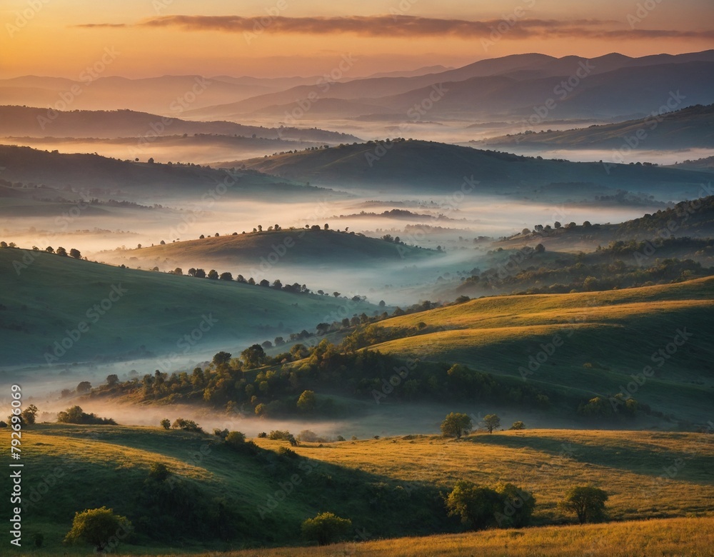 Fototapeta premium Showcase a vibrant sunrise over a misty valley with layers of hills in the distance. 
