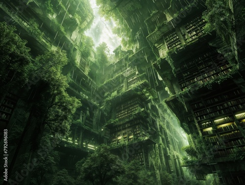 an abandoned fantasy building in the middle of the jungle.