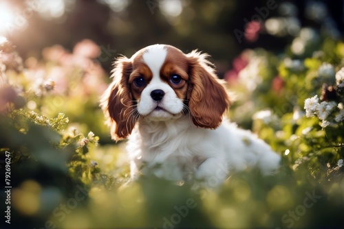 'spaniel charles garden king cavalier puppy tricolour dog funny unique adorable affection animal beauty canino card colours companion cute friends friendship happy household paw pet human' photo