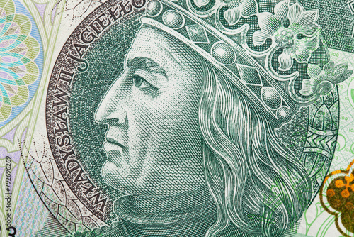 Polish one hundred zloty, 100 PLN. Macro of Wladyslaw II Jagiello face on Polish money. Top view