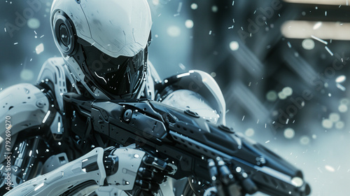 A robotic soldier clad in shiny armor holds a gun, ready for combat in a snowy environment