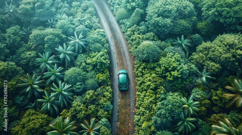 A lone green car drives through a dense jungle. photo