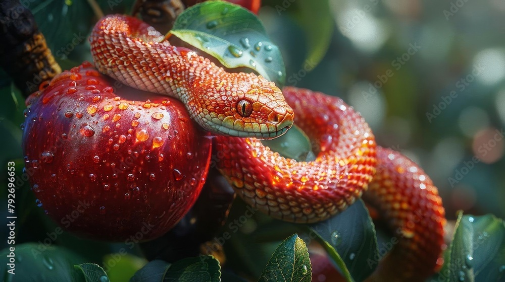 A red snake is coiled around a red apple. The apple is hanging from a ...