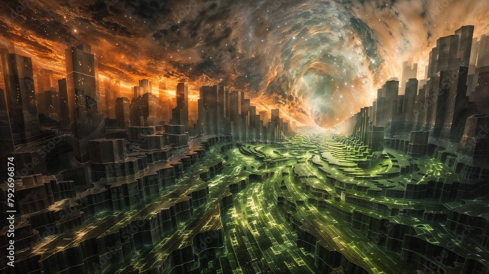 Naklejka premium a fantasy planet with abstractly shaped stone structures and a dramatic sky.