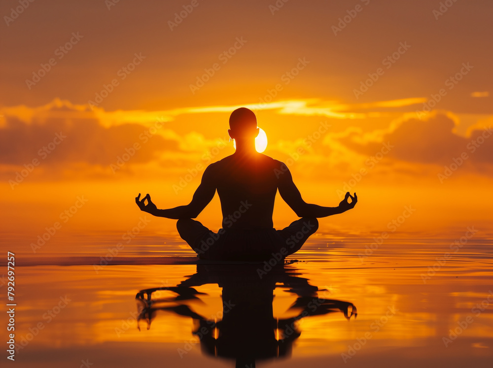 Silhouette of man meditating in lotus position against sunset sky background, doing yoga for relaxation and health on beach. black silhouette of a man with open arms.