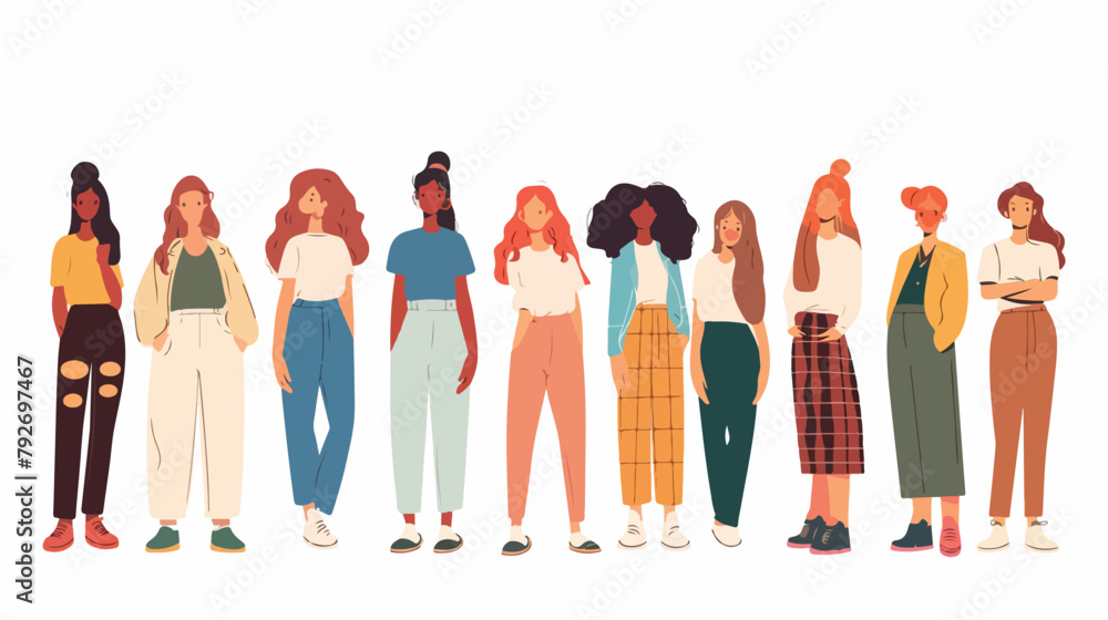 Different young women standing isolated. Vector flat