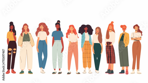 Different young women standing isolated. Vector flat