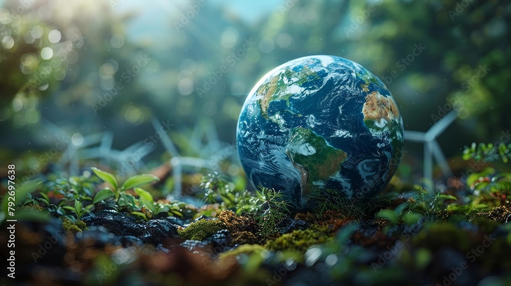 Photo of the earth in the middle of a forest with green plants and windmills in the background.