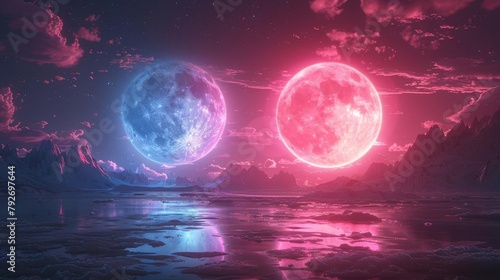 Pink and blue moons over alien landscape