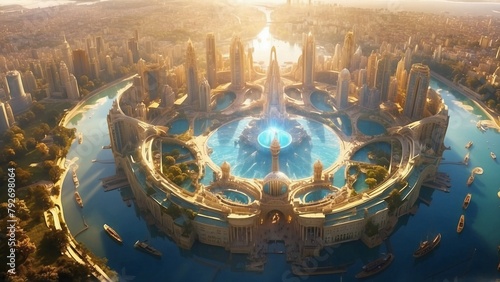 View of the city of Light, fantasy scene of the world of gods with crystals, gold, portals and amazing landscape