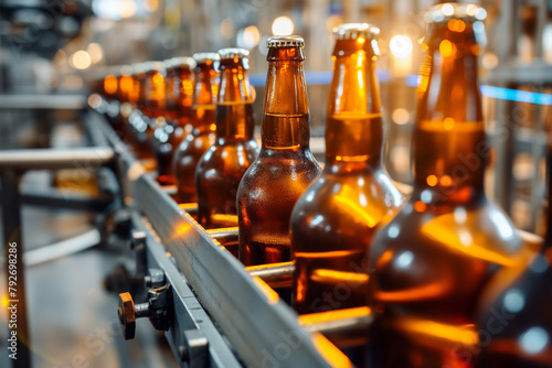 Automated conveyor with glass beer bottles. Brewing industry.