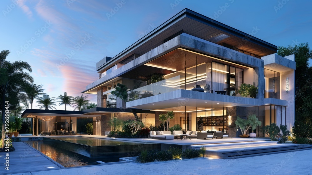 Modern architecture house exterior design, premium luxury concept 3D render, Real estate market presentation, 16:9