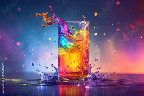 An explosion of color as a glass of liquid is captured mid-splash against a vivid backdrop  depicting motion and energy