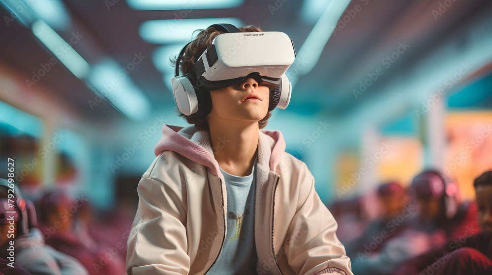 student sits at a desk wearing virtual reality glasses. School of the Future. student sits at a desk wearing virtual reality glasses. School of the Future.