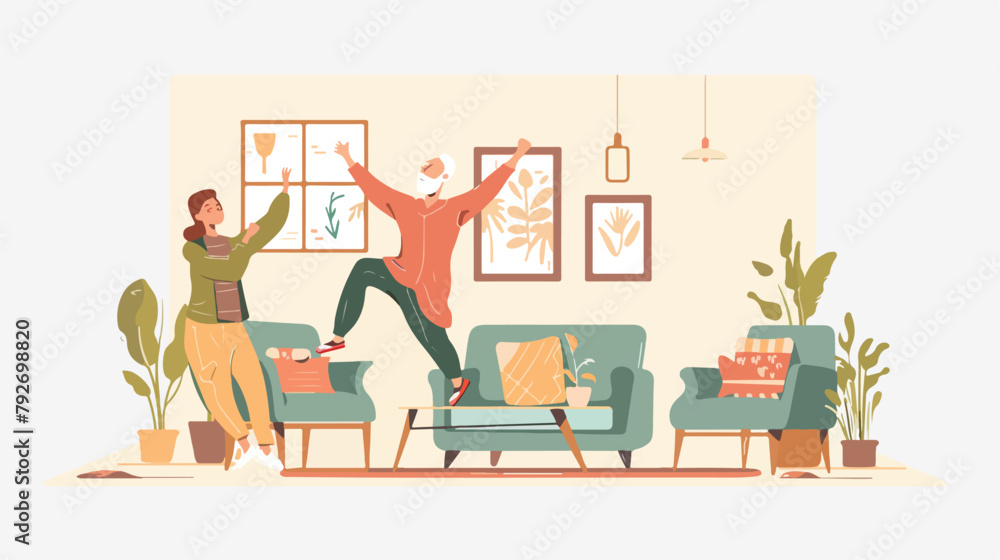 Elderly man and woman do exercises at home.
