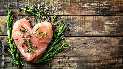 Raw chicken fillet in the shape of a heart with rosemary
