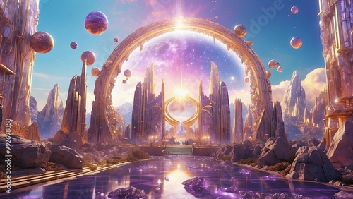 View of the city of Light, fantasy scene of the world of gods with crystals, gold, portals and amazing landscape © Maria