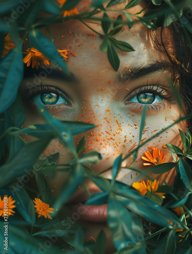 close up woman face with leaf