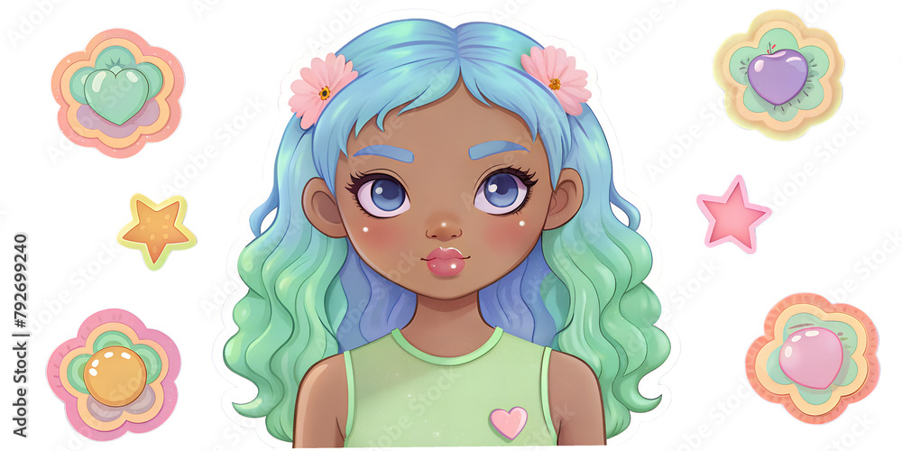 Naklejka premium Stickers, brooches, notebooks, magnets, style, design, girls, cute, beautiful, style, fairy tales, albums, texture, style, decor, drawing, vector, illustration, paints