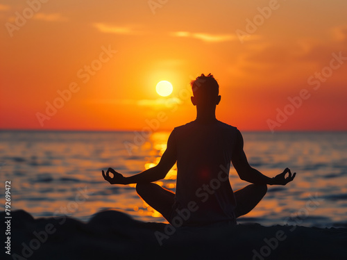 Silhouette of man meditating in lotus position against sunset sky background, doin yoga for relaxation and health on beach at sunrise.
