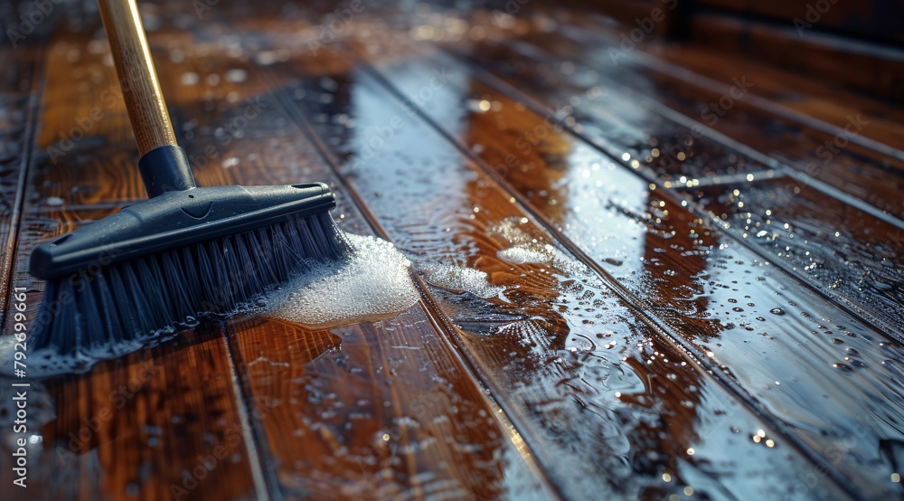 Sweep Water A broom sweeps water on a wet wooden deck, showcasing the importance of ...