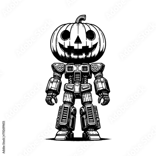 full body figure robot mecha jack o lantern black outline vector illustration