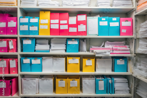 Colorful boxes and documents in dental or medical records room.