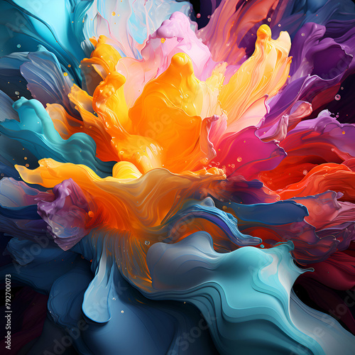 Colorful paint splashes isolated on black background. 3d render