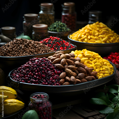 Variety of beans in bowls on wooden table. Black background. photo