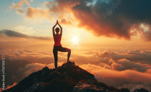 A silhouette of an athletic woman in warrior pose during sunrise  doing yoga on the top of mountain  against beautiful sky with golden sun rays.