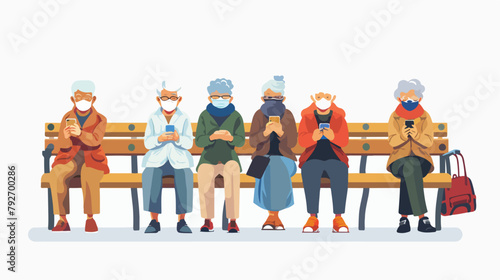 Elderly women in masks are sitting on the bench 