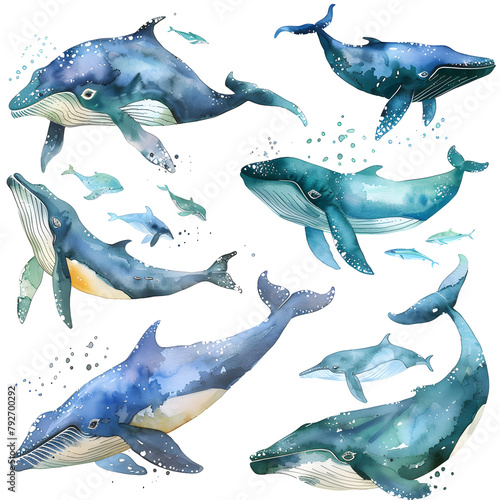 Whale watercolor illustration on white background