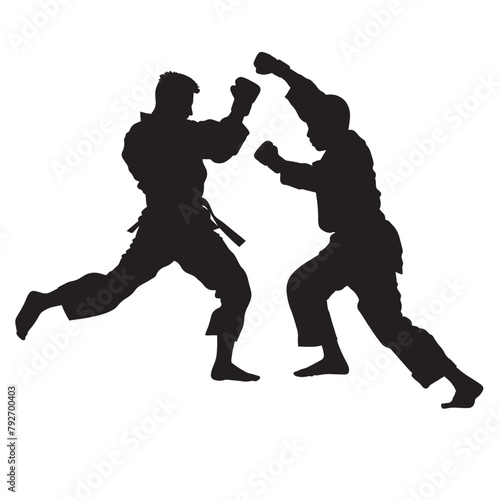 Vector silhouette of martial arts sports people fighting. Flat cutout icon