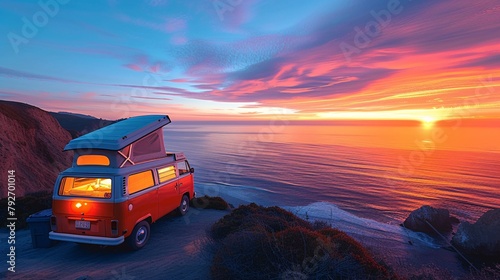 A classic red and white camper van parked on a cliffside with a stunning view of the ocean sunset photo