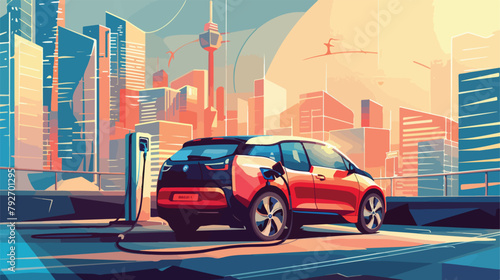 Electric CUV car in an abstract city. Electric car is photo