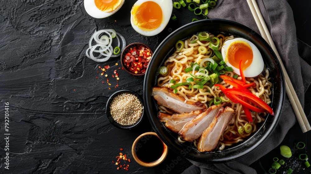 Delicious top-down presentation of Ramen, Japanese noodles in a savory broth, garnished with pork slices, eggs, onions, and seaweed, isolated background