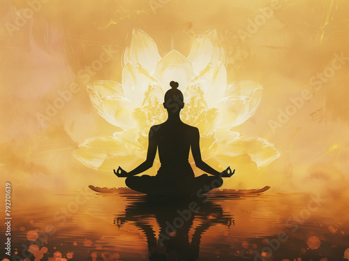A silhouette of an individual in lotus pose during sunset, symbolizing the serene nature and tranquility associated with yoga practice. Peaceful atmosphere that reflects spiritual focus.
