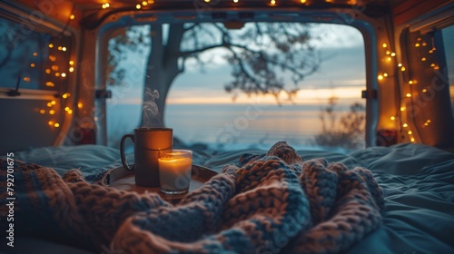Inviting camper van scene with a candlelit environment and a comfortable knit blanket, with a view of a twilight sky and silhouette of a tree