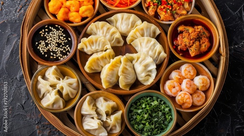 Delicious array of dumplings, featuring pork, chicken, and shrimp fillings, top view, with vibrant dipping sauces, on an isolated backdrop © Paul