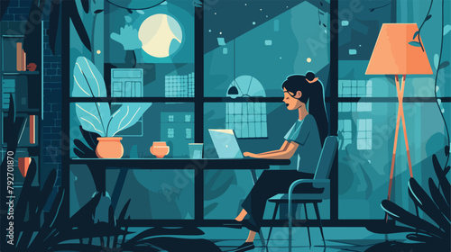 Work until late at night. Vector illustration 