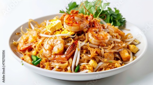 Deliciously styled Pad Thai with shrimp, showcasing rice noodles mixed with eggs and tofu, dressed in spicy tamarind sauce, isolated on a clean background, studio lighting