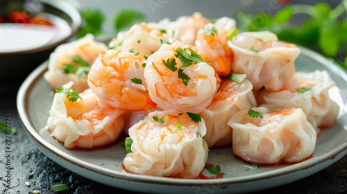 Delicate arrangement of shrimp dumplings, bite-sized and translucent, served with a ginger dipping sauce, against an isolated backdrop, studio lighting