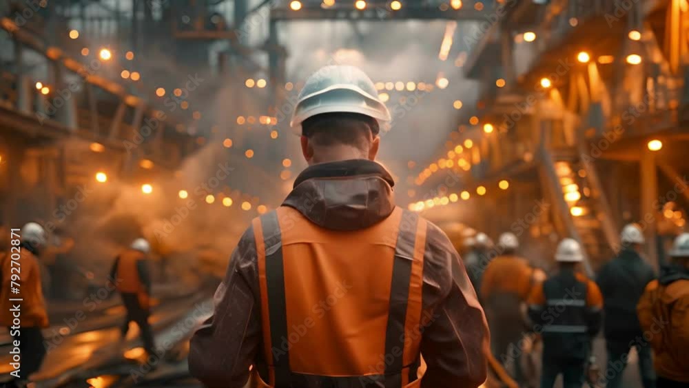 The worker in the high-visibility vest and helmet stands at full height, on an industrial steel plant surrounded by workers wearing orange safety jacket. Celebrate Labor day background The worker in the high-visibility vest and helmet stands at full height, on an industrial steel plant surrounded by workers wearing orange safety jacket. Celebrate Labor day background