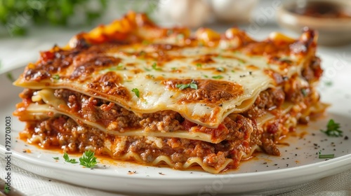 Delectable top view of lasagna, perfectly layered with beef, sausage, rich sauces, and cheeses, tailored for food enthusiasts, clean isolated background