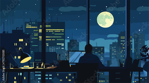 Working late at night. flat vector illustration Hand photo