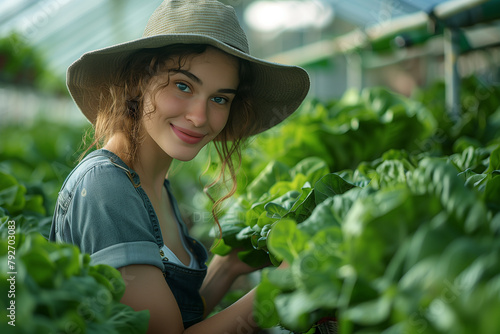 Woman, farming and vegetables in greenhouse for agriculture, supply chain or business with green product in basket. Happy farmer or supplier with gardening for NGO, nonprofit or food security