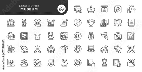 Set of line icons in linear style. Series - Museum. Art gallery, archaeological, historical exhibition, sculpture, ancient exhibits.Outline icon collection.Conceptual pictogram and infographic.